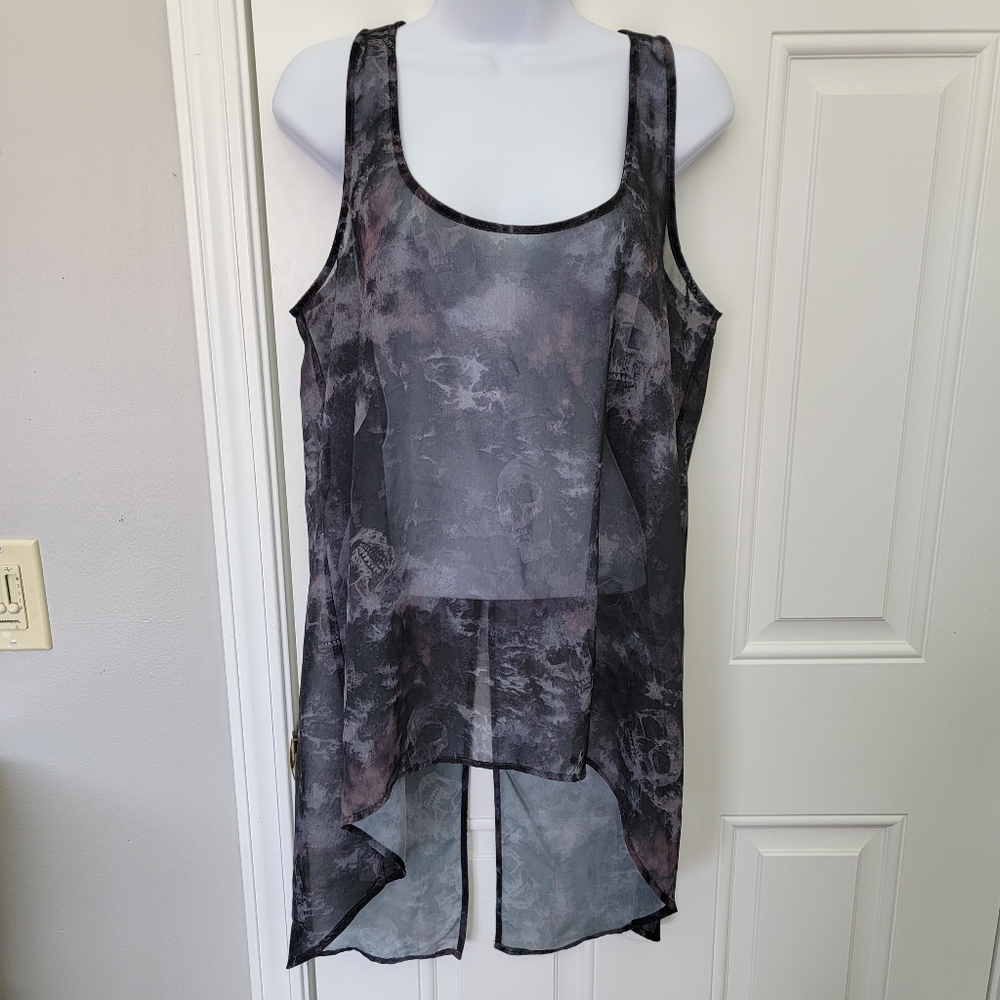 Midnight Hour Long Sheer Sleeveless Skull Tunic Black Gray Skull Buttons Medium